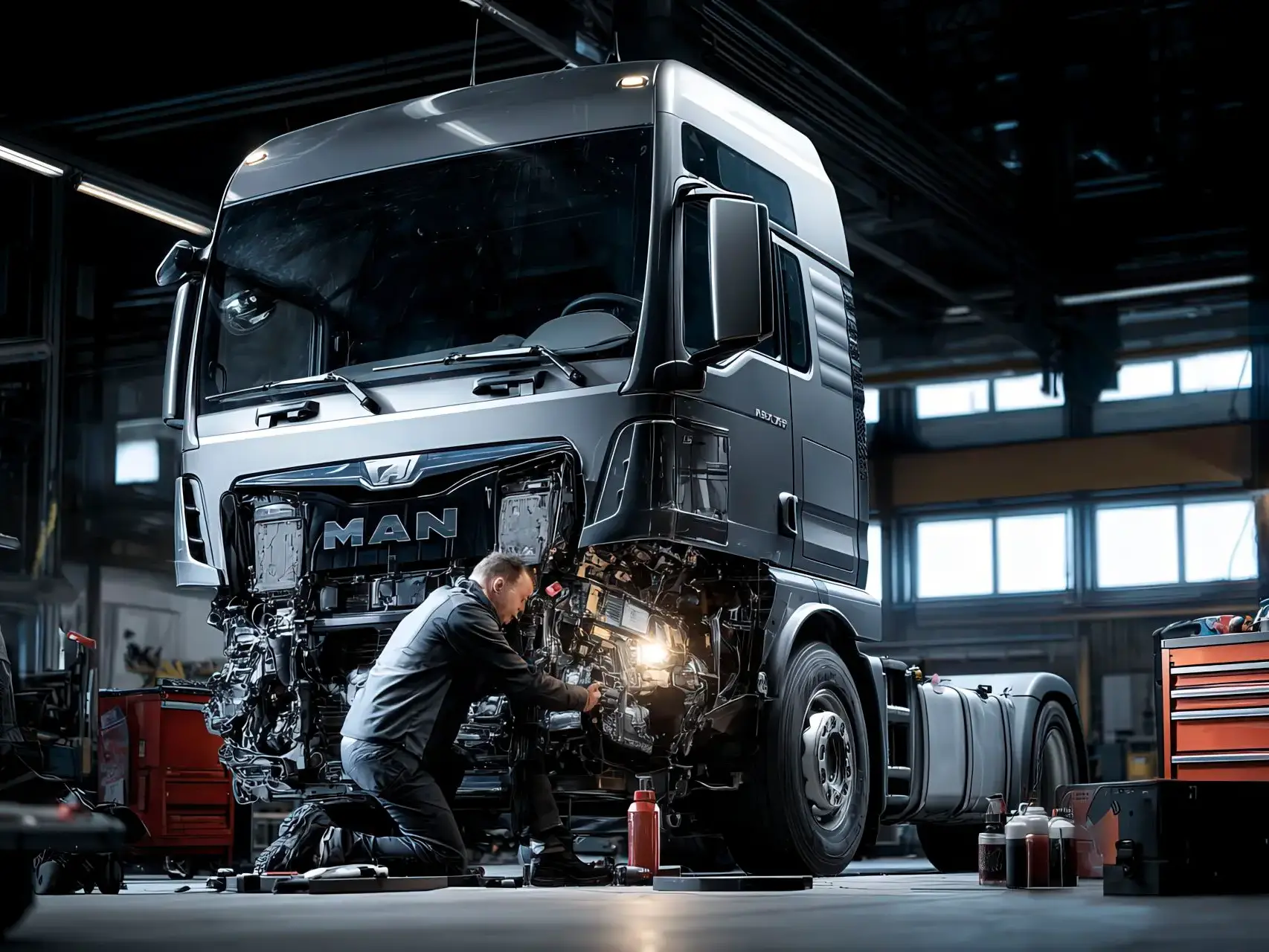 Meccanico che osserva il motore di un camion MAN con cabina aperta