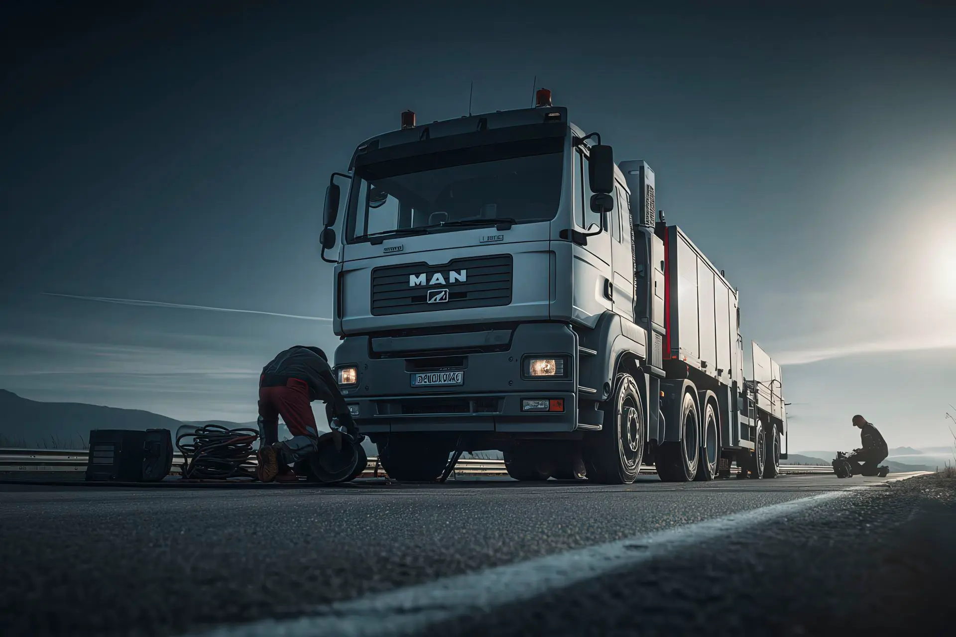 Camion MAN fermo in autostrada di giorno con ruota in panne semismontata