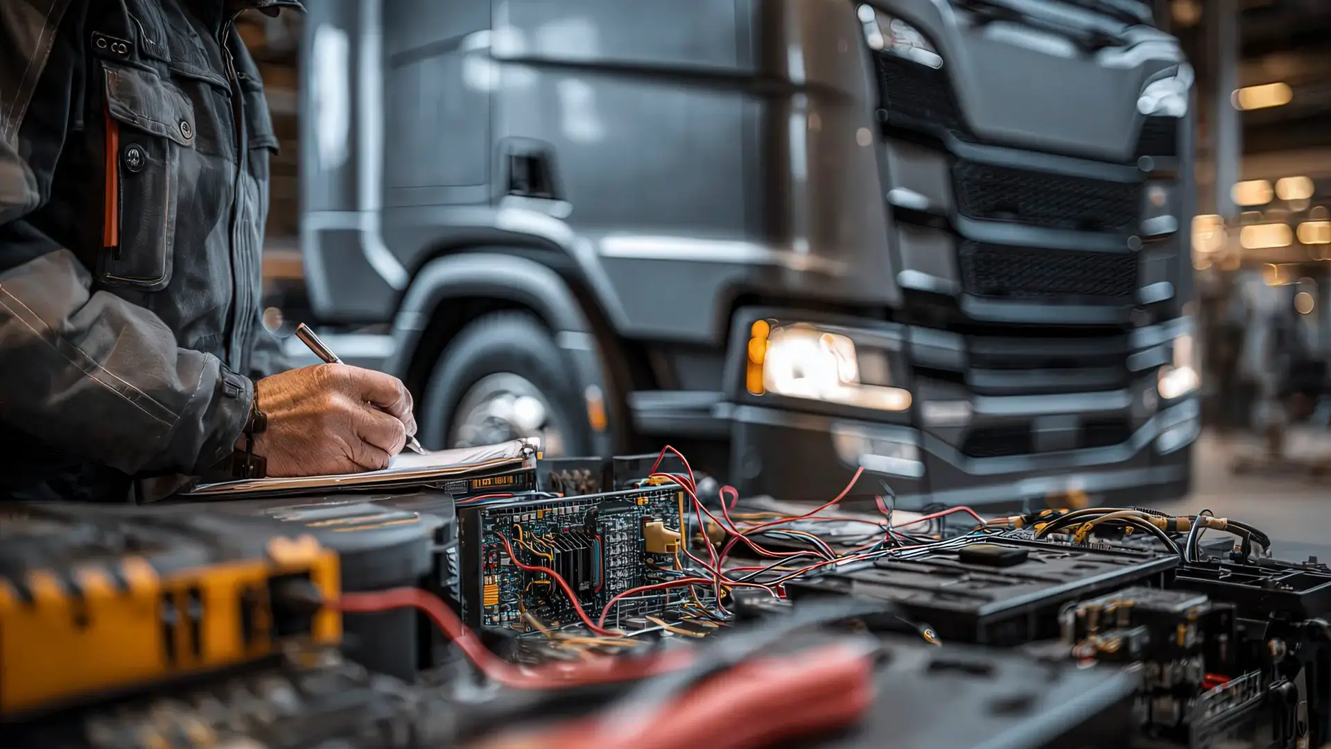 Tecnico al lavoro con interfaccia diagnostica e componenti elettronici di un camion moderno