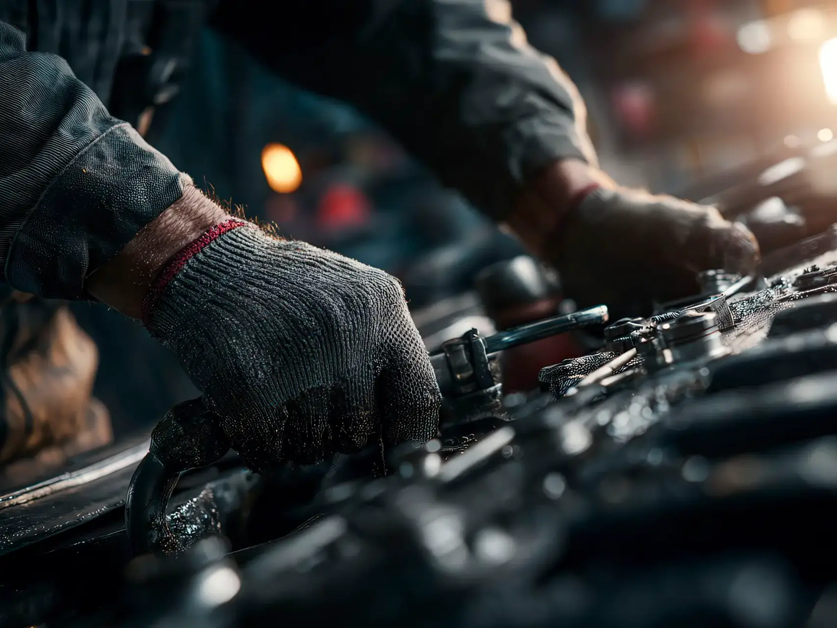 Meccanico al lavoro sul motore di un camion in officina con mani sporche e strumenti reali